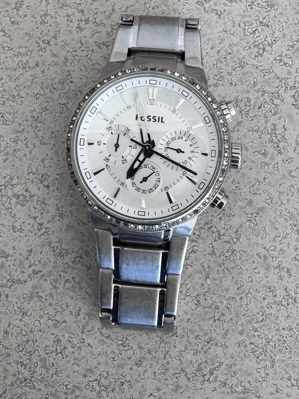Fossil Silver Stainless Steel Chronograph Watch with Crystal Bezel